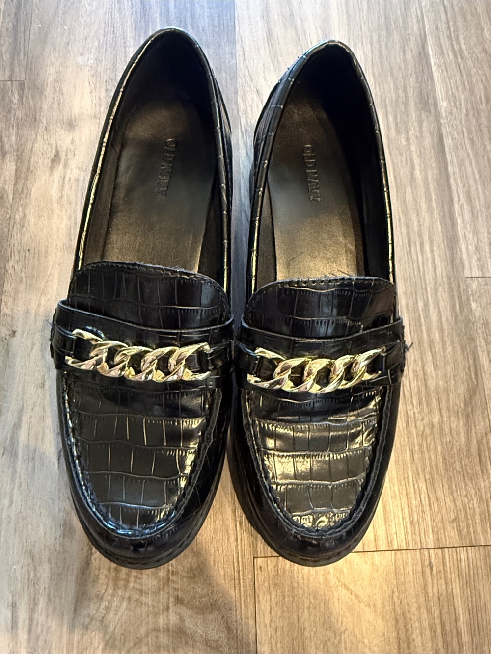 Old Navy Black Croc-Embossed Loafers with Chain Accent
